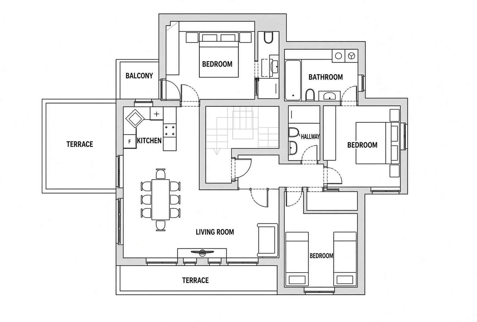 Floor plan showing a living room, kitchen, three bedrooms, a hallway, a terrace and a balcony